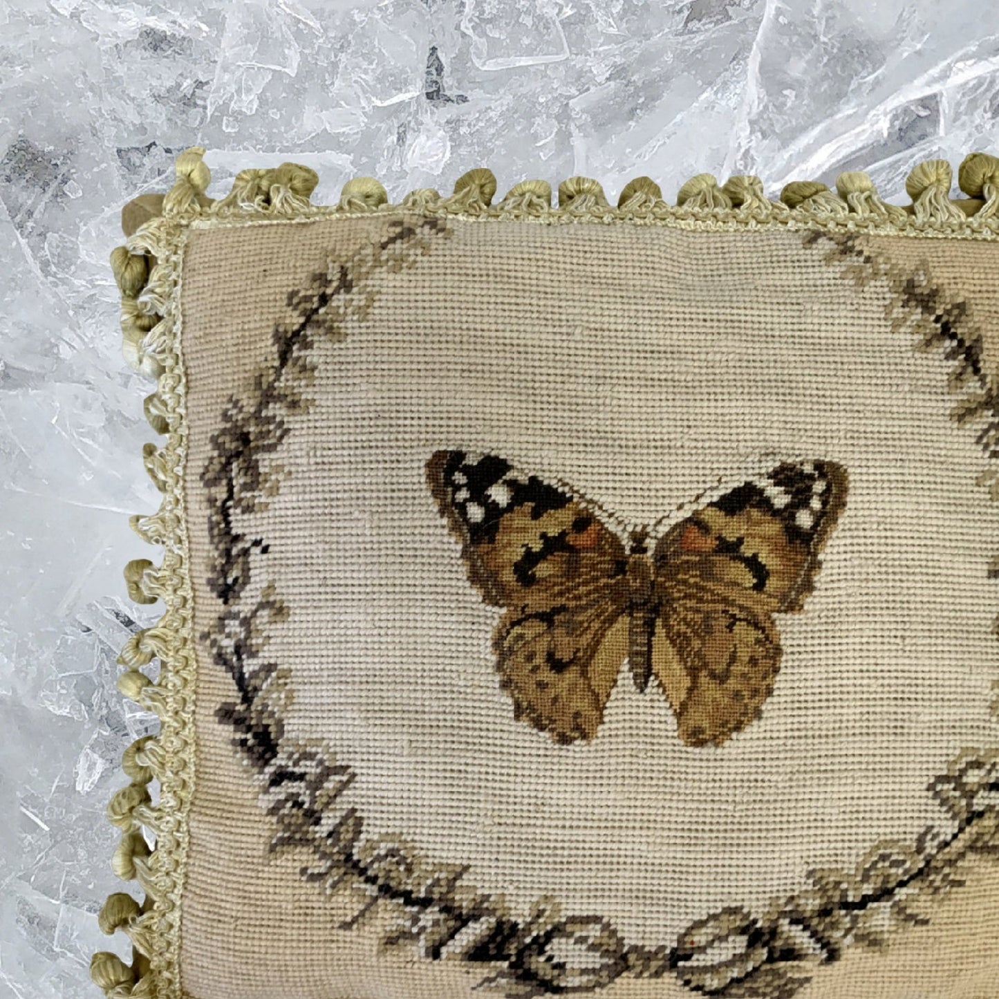 Handmade Wool Needlepoint Pillow Cover - Decorative Throw Cushion Cover - Vintage Floral Embroidery Design brown butterfly with 2 color tassel