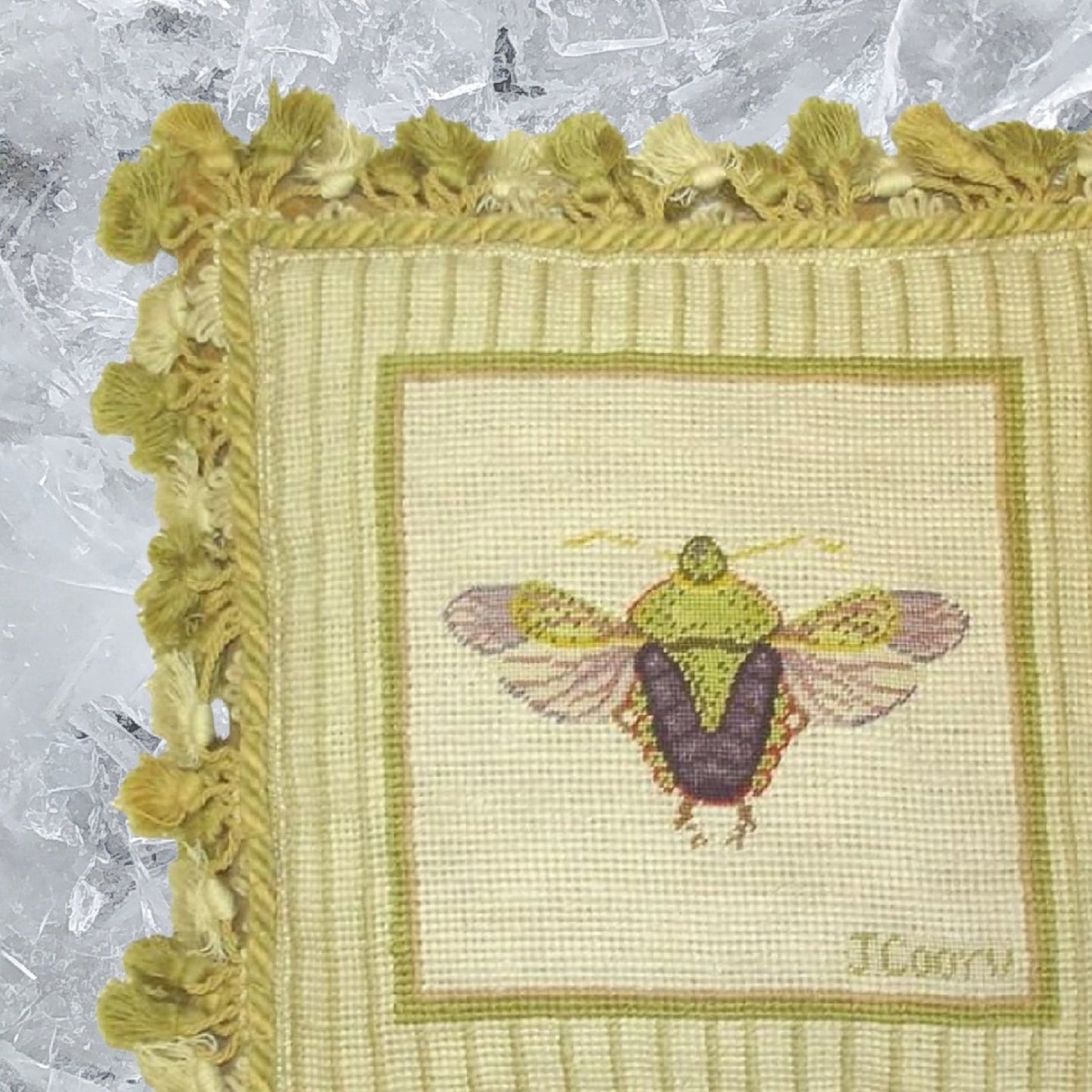 Handmade Wool Needlepoint Pillow Cover - Decorative Throw Cushion Cover - Vintage Floral Embroidery Design Jan Cooleys Stink Bug Finest insect Flyer grosspoint background with tassels