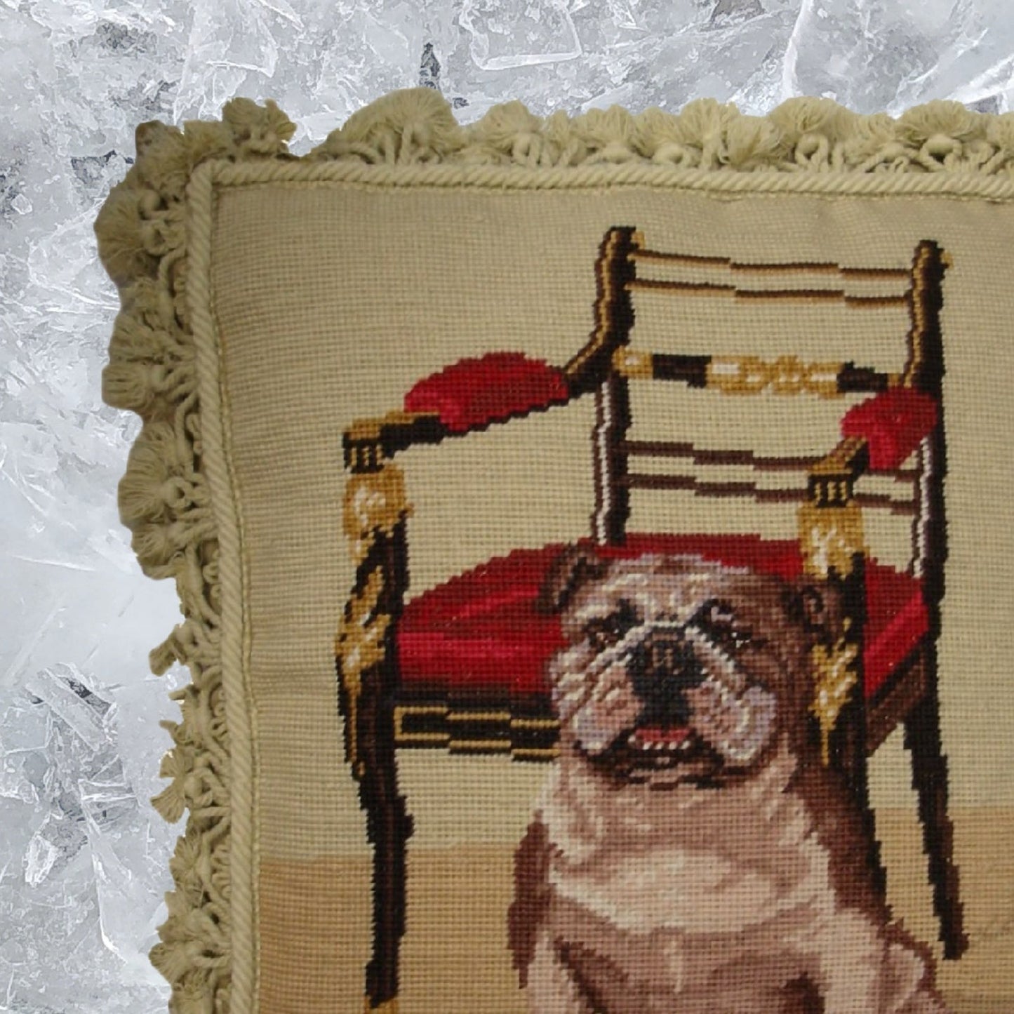 Handmade Wool Needlepoint Pillow Cover - Decorative Throw Cushion Cover - Vintage Floral Embroidery Design bull dog