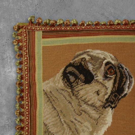 Handmade Wool Needlepoint Pillow Cover - Decorative Throw Cushion Cover - Vintage Floral Embroidery Design brown pug with 3 color tassel