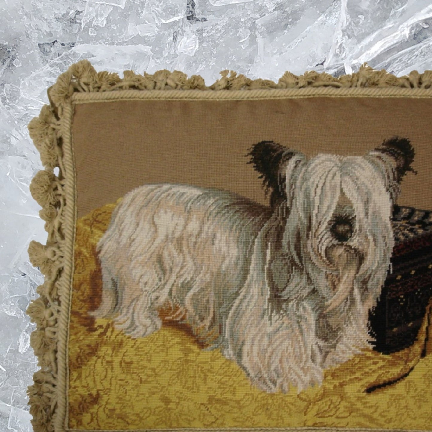 Handmade Wool Needlepoint Pillow Cover - Decorative Throw Cushion Cover - Vintage Floral Embroidery Design  Skye Terie in the yellow rug with nature tassel