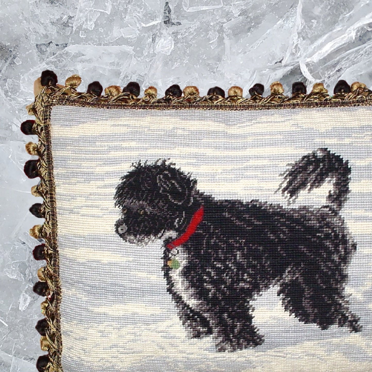 Handmade Wool Needlepoint Pillow Cover - Decorative Throw Cushion Cover - Vintage Floral Embroidery Design on WaterSpaniels face others 2 color tassels