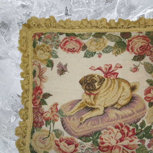 Handmade Wool Needlepoint Pillow Cover - Decorative Throw Cushion Cover - Vintage Floral Embroidery Design  Pug on the purple cushion with tassels