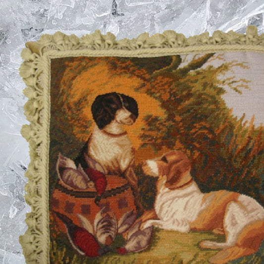 Handmade Wool Needlepoint Pillow Cover - Decorative Throw Cushion Cover - Vintage Floral Embroidery Design hunting dog & bird background with tassels