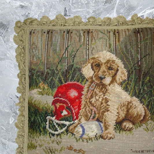 Handmade Wool Needlepoint Pillow Cover - Decorative Throw Cushion Cover - Vintage Floral Embroidery Design Jim Lambs designWide Retriever, &