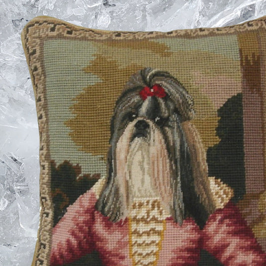 Handmade Wool Needlepoint Pillow Cover - Decorative Throw Cushion Cover - Vintage Floral Embroidery Design Shih Tzu background grosspoint