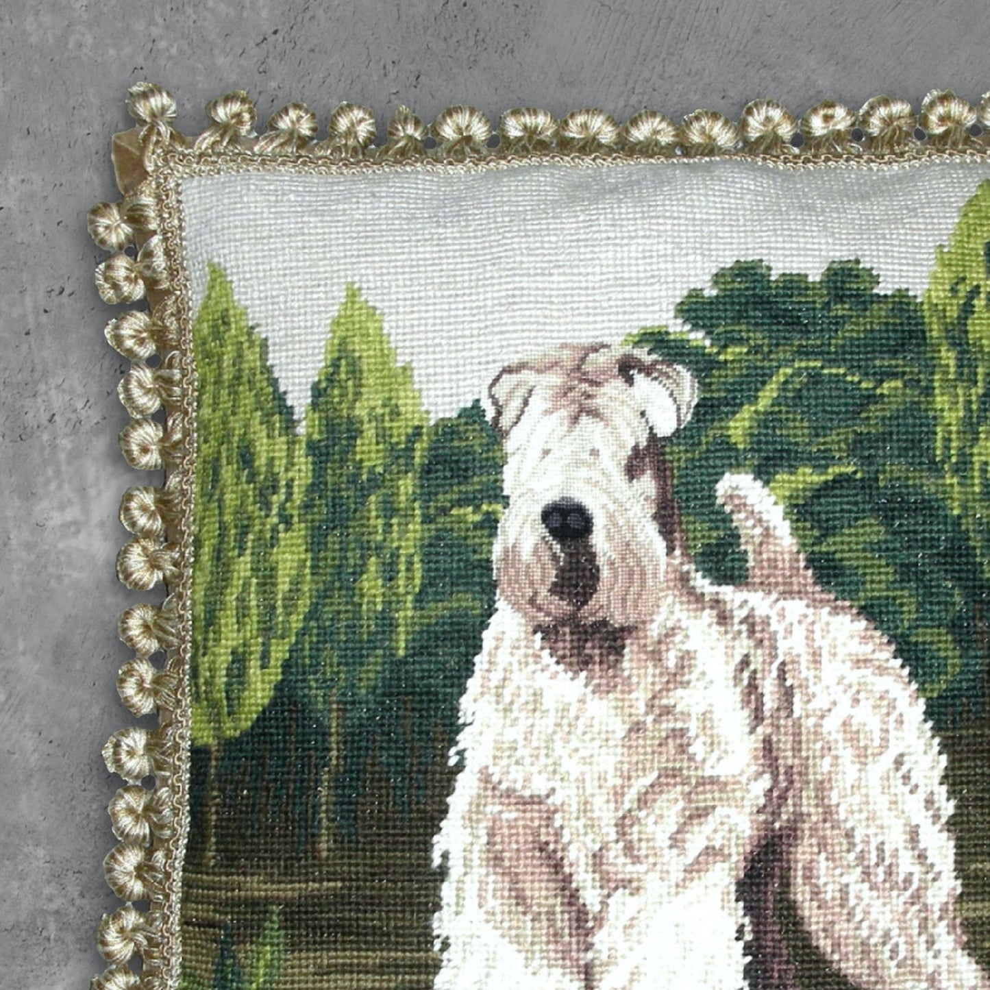 Handmade Wool Needlepoint Pillow Cover - Decorative Throw Cushion Cover - Vintage Floral Embroidery Design white Wheaten Terrie face rest with tassels