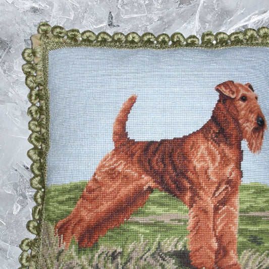 Handmade Wool Needlepoint Pillow Cover - Decorative Throw Cushion Cover - Vintage Floral Embroidery Design Airdale face and rest with tassels