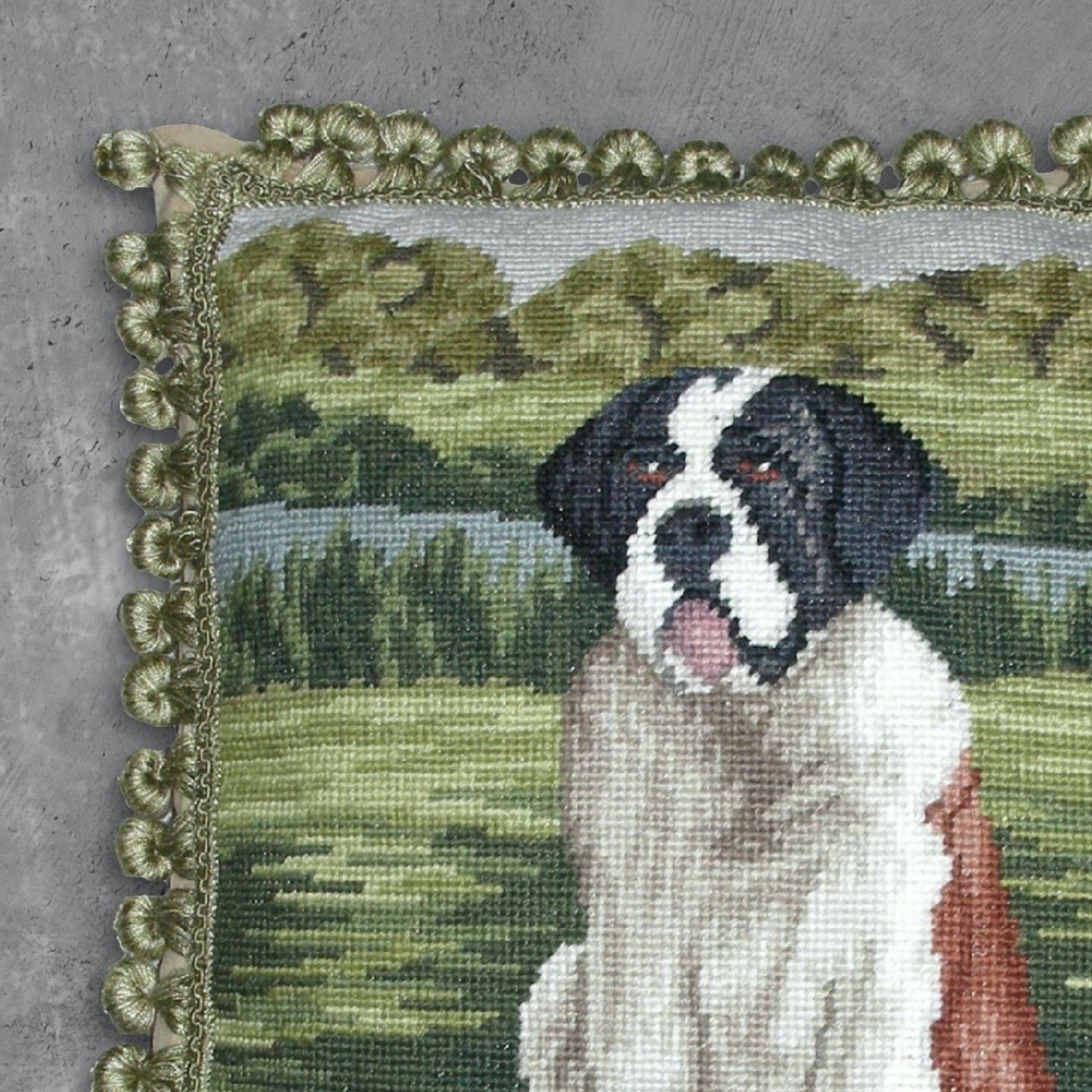 Handmade Wool Needlepoint Pillow Cover - Decorative Throw Cushion Cover - Vintage Floral Embroidery Design St Bernards with tassels