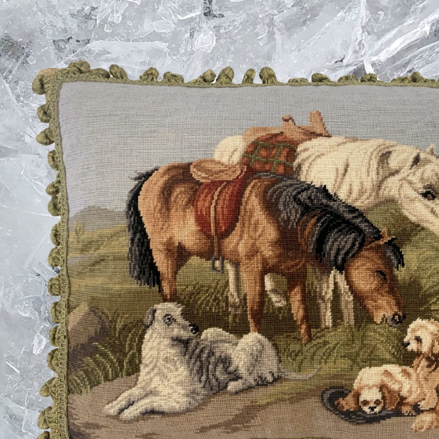 Handmade Wool Needlepoint Pillow Cover - Decorative Throw Cushion Cover - Vintage Floral Embroidery Design  Horses & Dogs with 2 color tassels