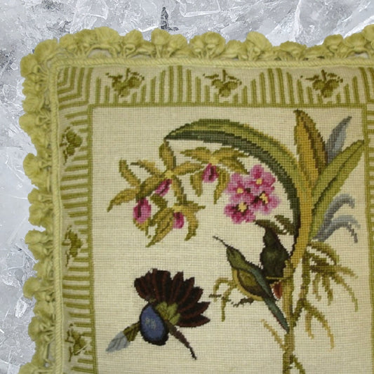 Handmade Wool Needlepoint Pillow Cover - Decorative Throw Cushion Cover - Vintage Floral Embroidery Design 3 birds & pink Lily)