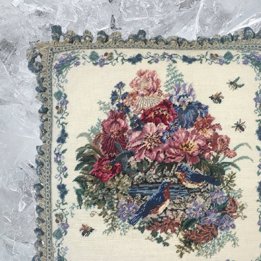 Handmade Wool Needlepoint Pillow Cover - Decorative Throw Cushion Cover - Vintage Floral Embroidery Design  blue birds with tassel