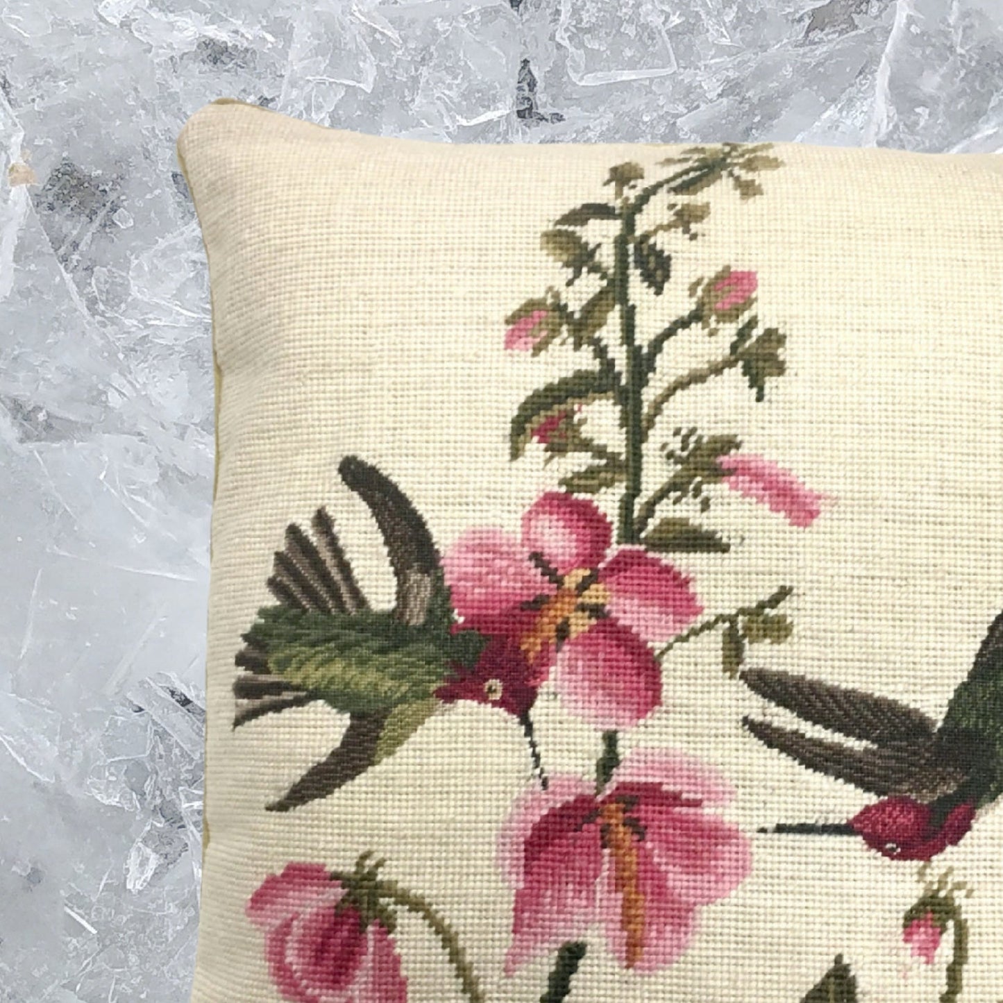 Handmade Wool Needlepoint Pillow Cover - Decorative Throw Cushion Cover - Vintage Floral Embroidery Design 2 humming birds pink flowers