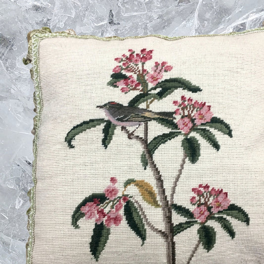 Handmade Wool Needlepoint Pillow Cover - Decorative Throw Cushion Cover - Vintage Floral Embroidery Design gray bird pink flower background with tassels