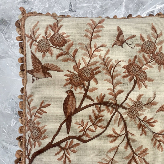 Handmade Wool Needlepoint Pillow Cover - Decorative Throw Cushion Cover - Vintage Floral Embroidery Design  antique tree  swallows butterfliers with tassels 1