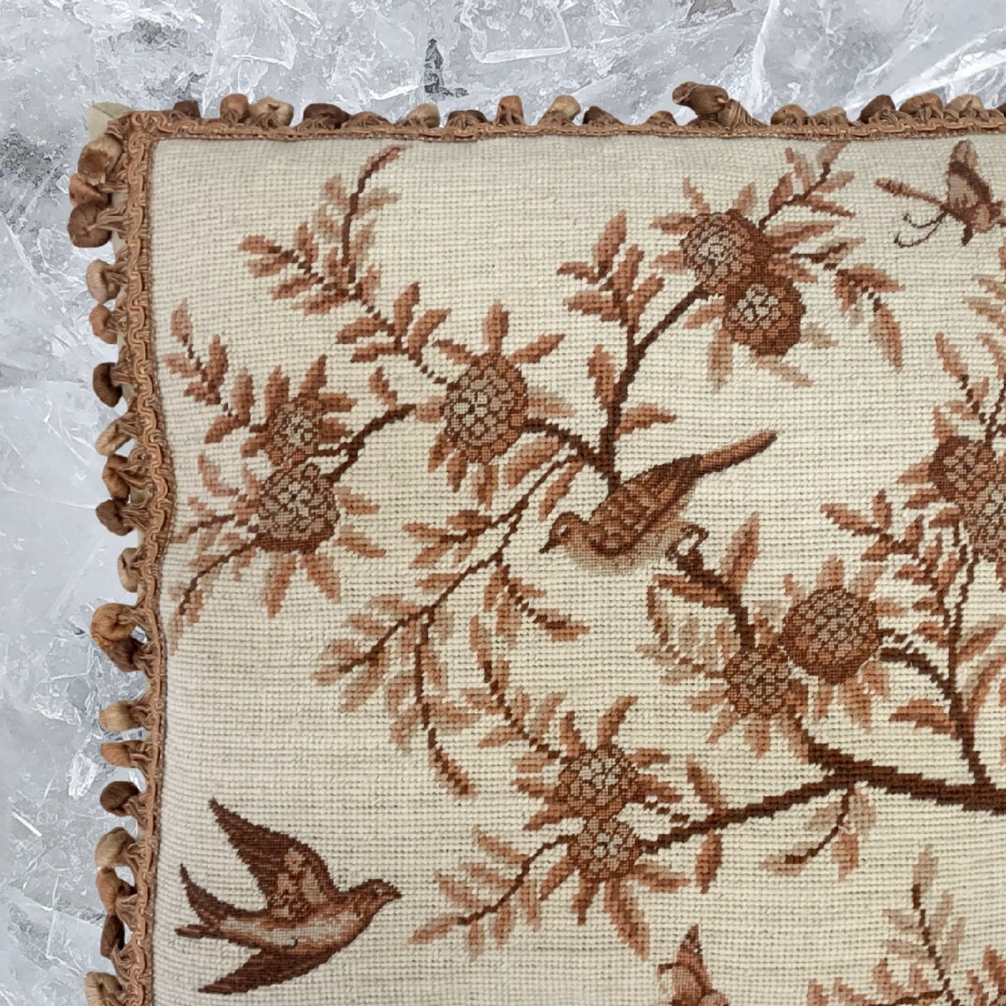 Handmade Wool Needlepoint Pillow Cover - Decorative Throw Cushion Cover - Vintage Floral Embroidery Design  antique tree  swallows butterfliers with tassels