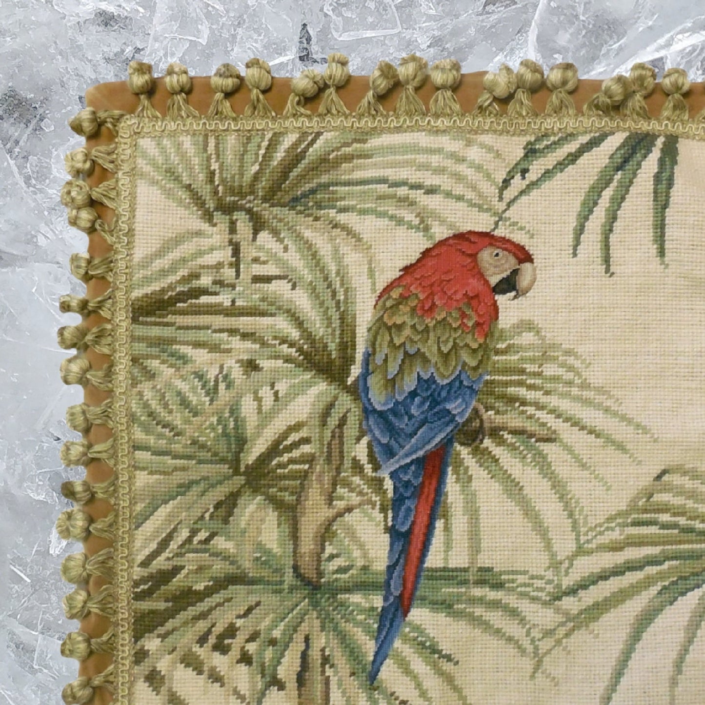 Handmade Wool Needlepoint Pillow Cover - Decorative Throw Cushion Cover - Vintage Floral Embroidery Design parrot with tassels