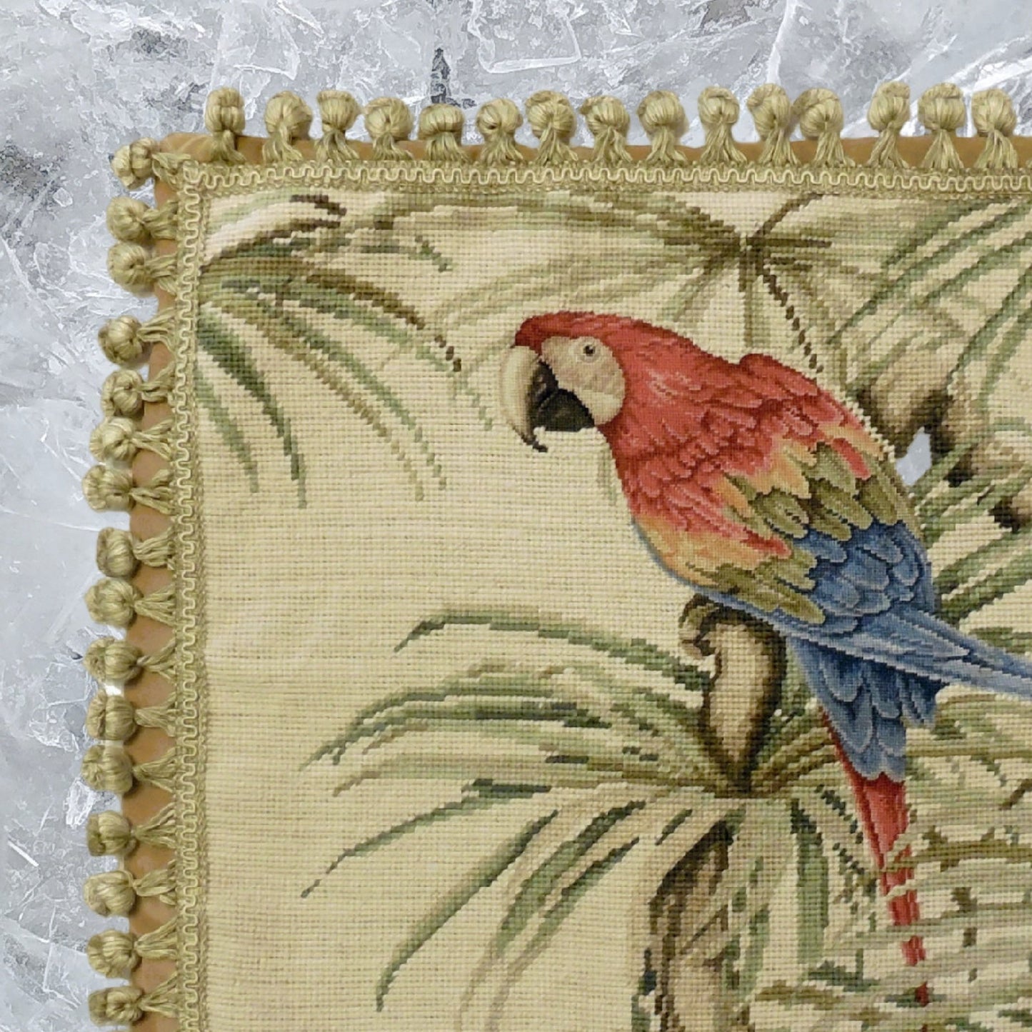 Handmade Wool Needlepoint Pillow Cover - Decorative Throw Cushion Cover - Vintage Floral Embroidery Design parrot with tassels
