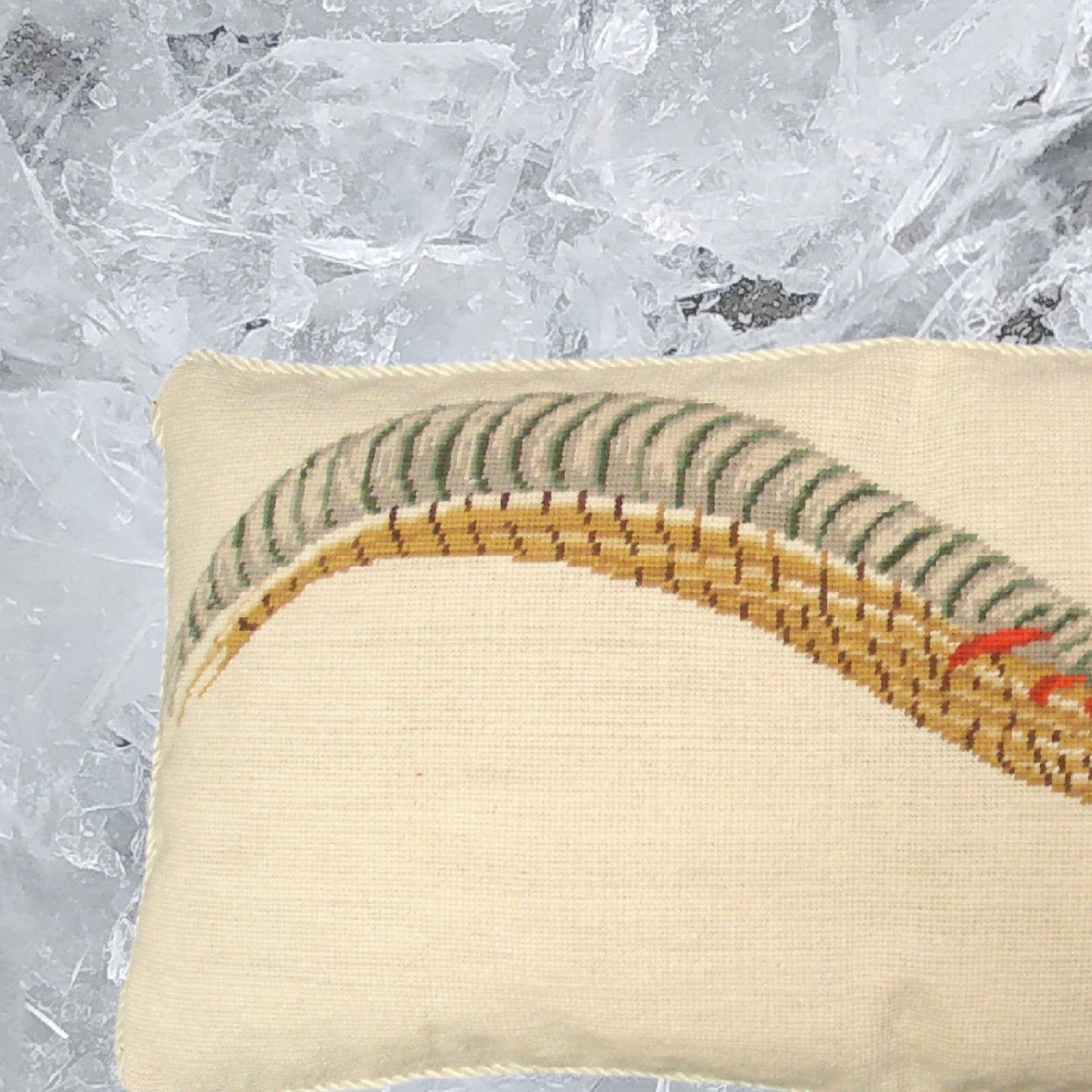 Handmade Wool Needlepoint Pillow Cover - Decorative Throw Cushion Cover - Vintage Floral Embroidery Design pheasant in green/yellow with cording