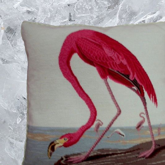 Handmade Wool Needlepoint Pillow Cover - Decorative Throw Cushion Cover - Vintage Floral Embroidery Design  ancient Flamingo with cording