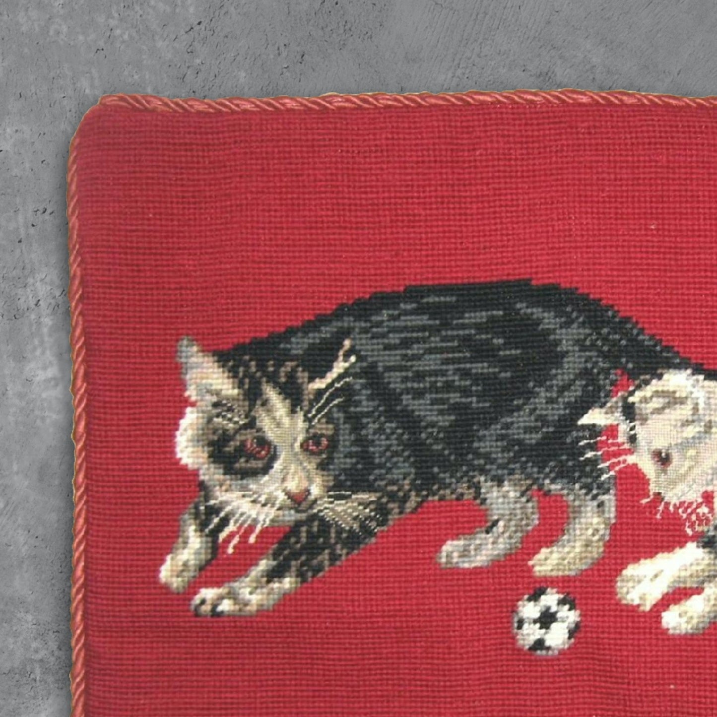Handmade Wool Needlepoint Pillow Cover - Decorative Throw Cushion Cover - Vintage Floral Embroidery Design  on cat faces rest of in red background with cording