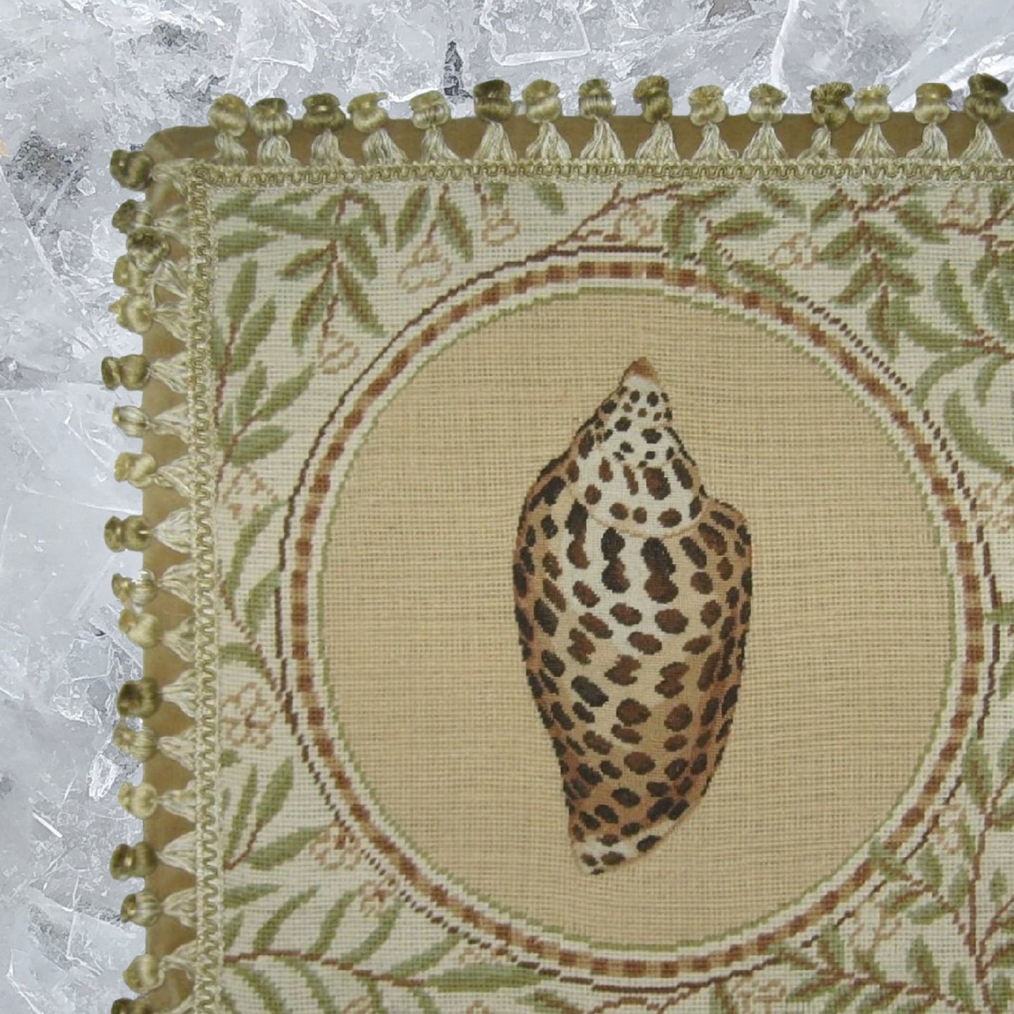 Handmade Wool Needlepoint Pillow Cover - Decorative Throw Cushion Cover - Vintage Floral Embroidery Design Conus shell with back and tassels