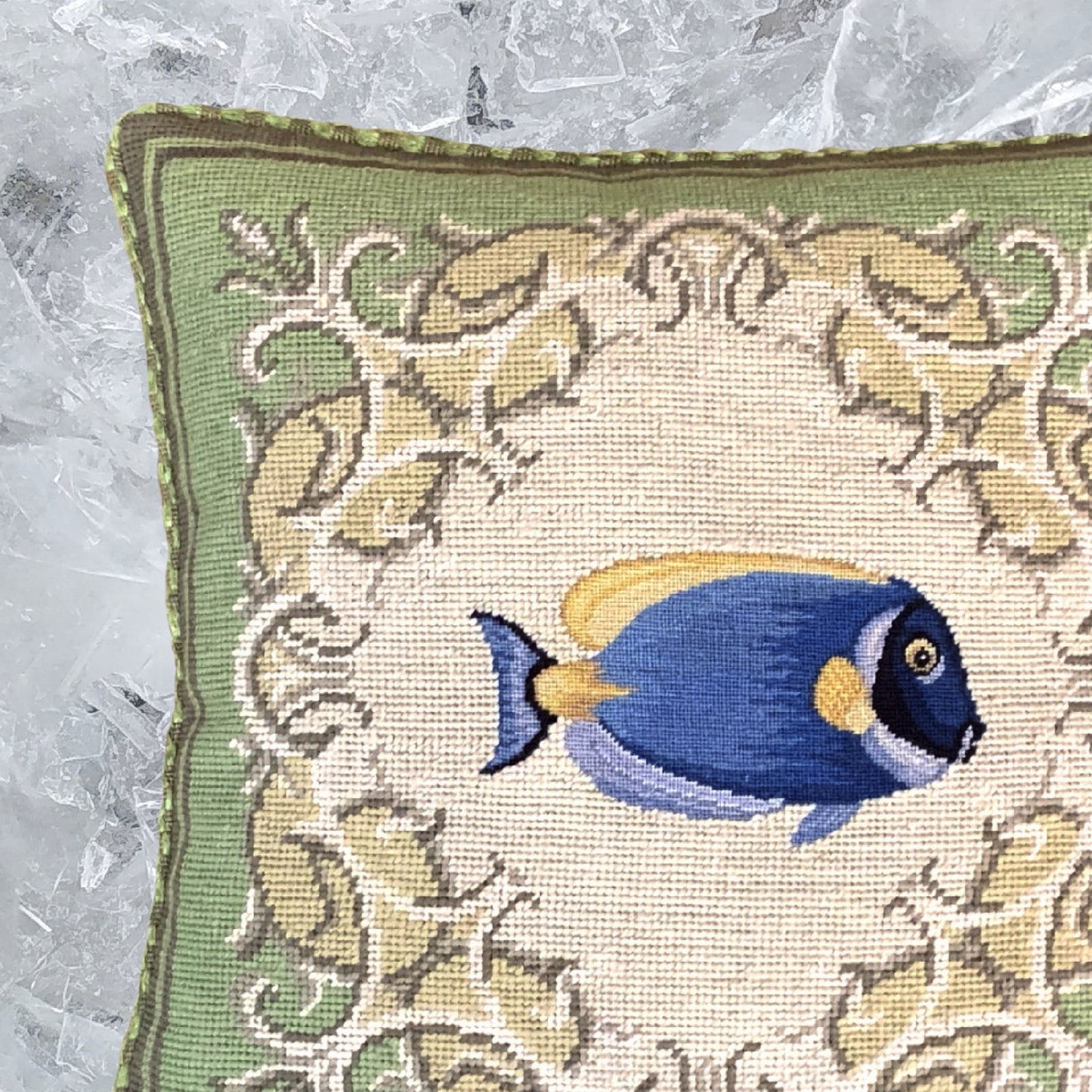 Handmade Wool Needlepoint Pillow Cover - Decorative Throw Cushion Cover - Vintage Floral Embroidery DesignFienst  tropical fish - Surgeonfish with green frame checker cording