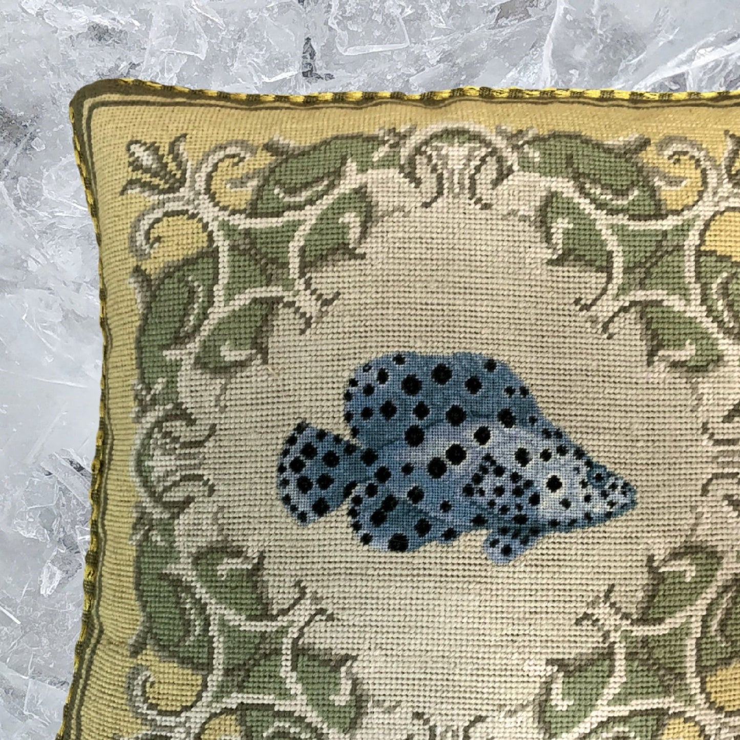 Handmade Wool Needlepoint Pillow Cover - Decorative Throw Cushion Cover - Vintage Floral Embroidery Designtropical fish-Clown Trigger yellow frame checker cording