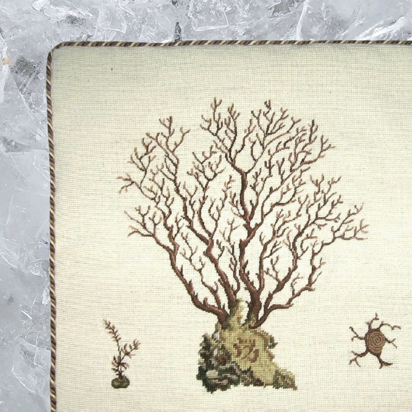 Handmade Wool Needlepoint Pillow Cover - Decorative Throw Cushion Cover - Vintage Floral Embroidery Design brown Marestail with 3 color cording