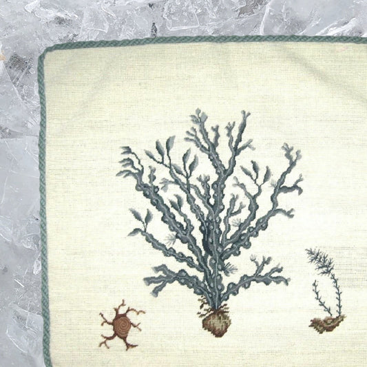 Handmade Wool Needlepoint Pillow Cover - Decorative Throw Cushion Cover - Vintage Floral Embroidery Design blue water weed in blue with blue cording 1