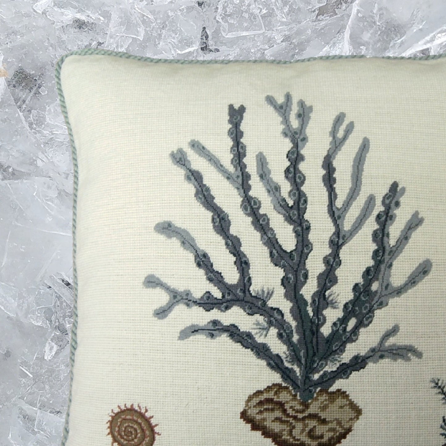 Handmade Wool Needlepoint Pillow Cover - Decorative Throw Cushion Cover - Vintage Floral Embroidery Design blue water weed in blue with blue cording