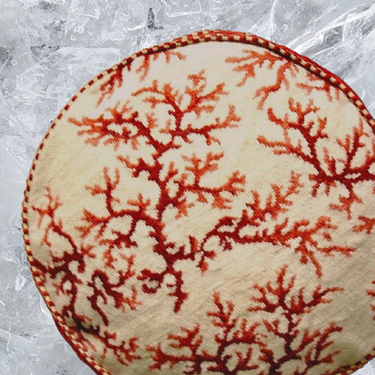 Handmade Wool Needlepoint Pillow Cover - Decorative Throw Cushion Cover - Vintage Floral Embroidery Design red coral ivory background with 2 color cording