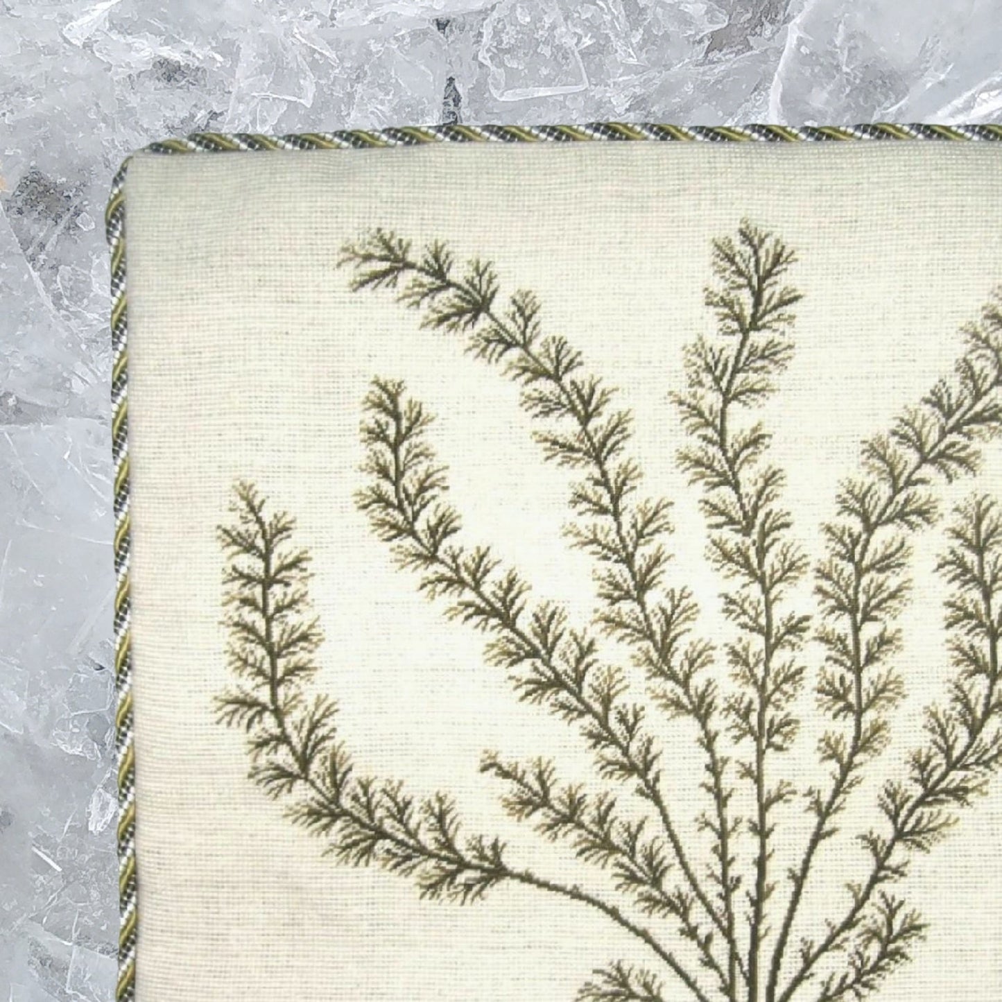 Handmade Wool Needlepoint Pillow Cover - Decorative Throw Cushion Cover - Vintage Floral Embroidery Design seaweeds green Marestail with cording