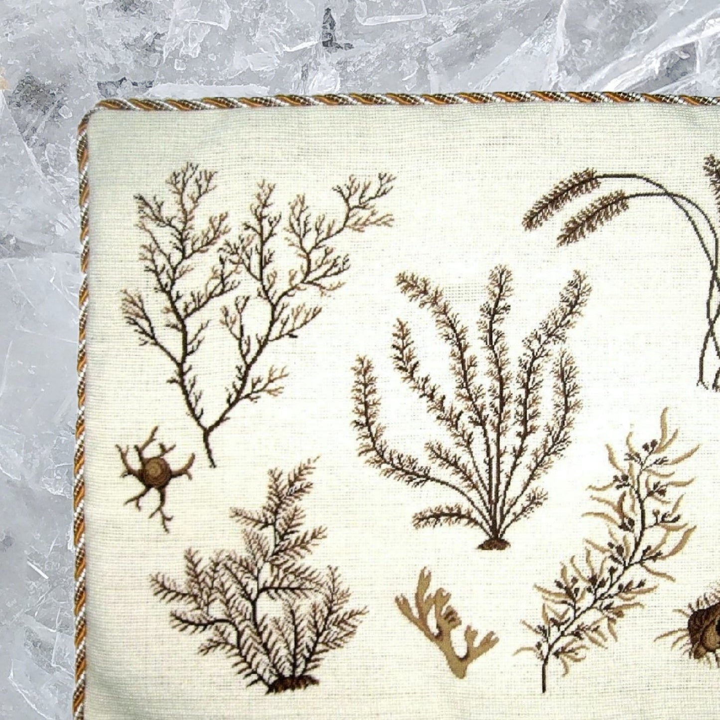 Handmade Wool Needlepoint Pillow Cover - Decorative Throw Cushion Cover - Vintage Floral Embroidery Design brown group seaweeds with cording