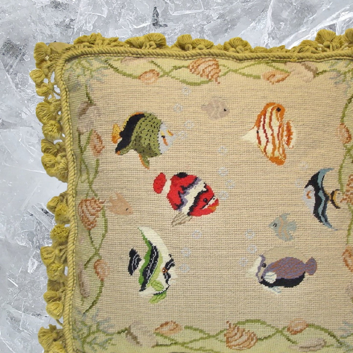 Handmade Wool Needlepoint Pillow Cover - Decorative Throw Cushion Cover - Vintage Floral Embroidery Design fishes with grosspoint 2 color background, nature tassels