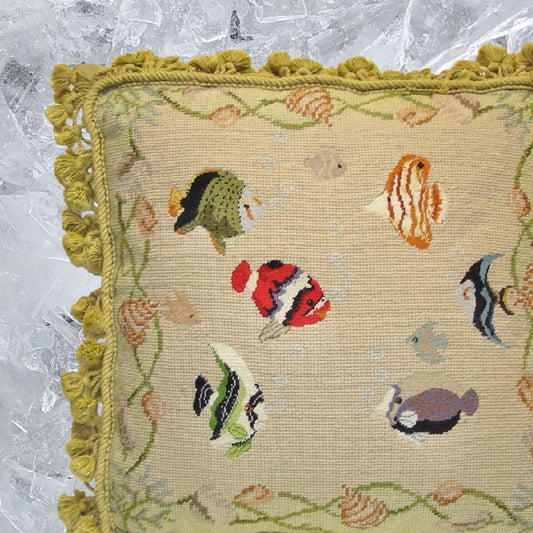 Handmade Wool Needlepoint Pillow Cover - Decorative Throw Cushion Cover - Vintage Floral Embroidery Design fishes with grosspoint 2 color background, nature tassels