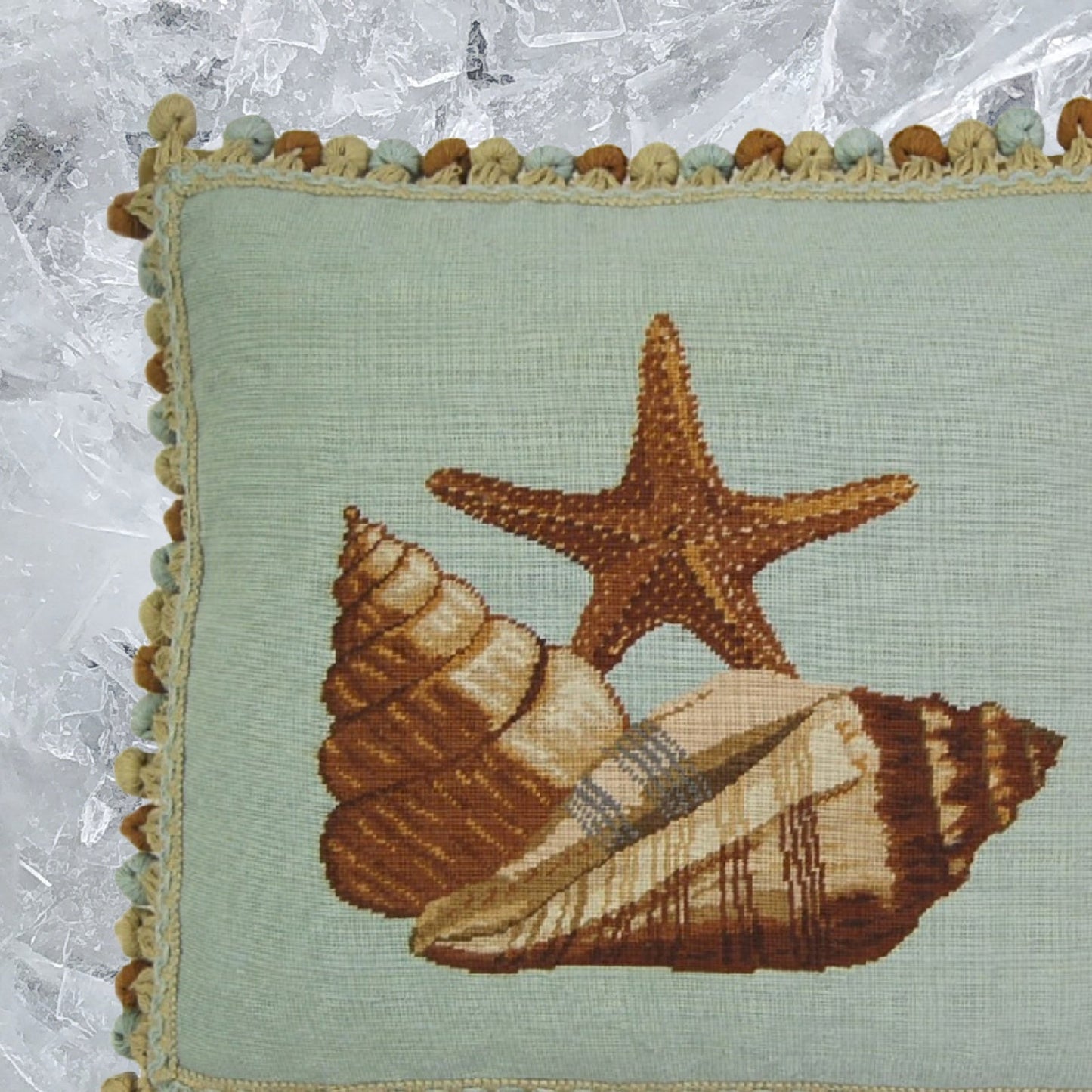 Handmade Wool Needlepoint Pillow Cover - Decorative Throw Cushion Cover - Vintage Floral Embroidery Design blue background with brown sea star fish and sea shells with tassel