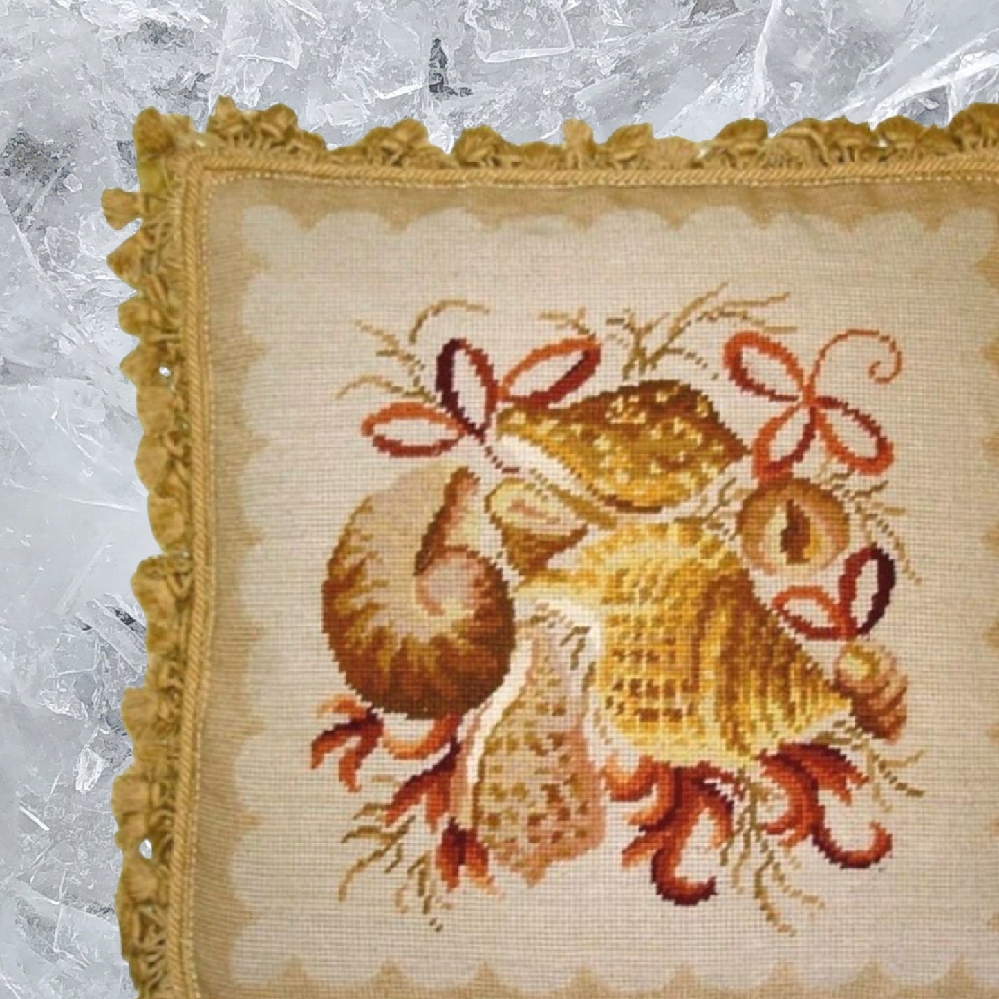 Handmade Wool Needlepoint Pillow Cover - Decorative Throw Cushion Cover - Vintage Floral Embroidery Design All shell with bowtie, dark bage tassels