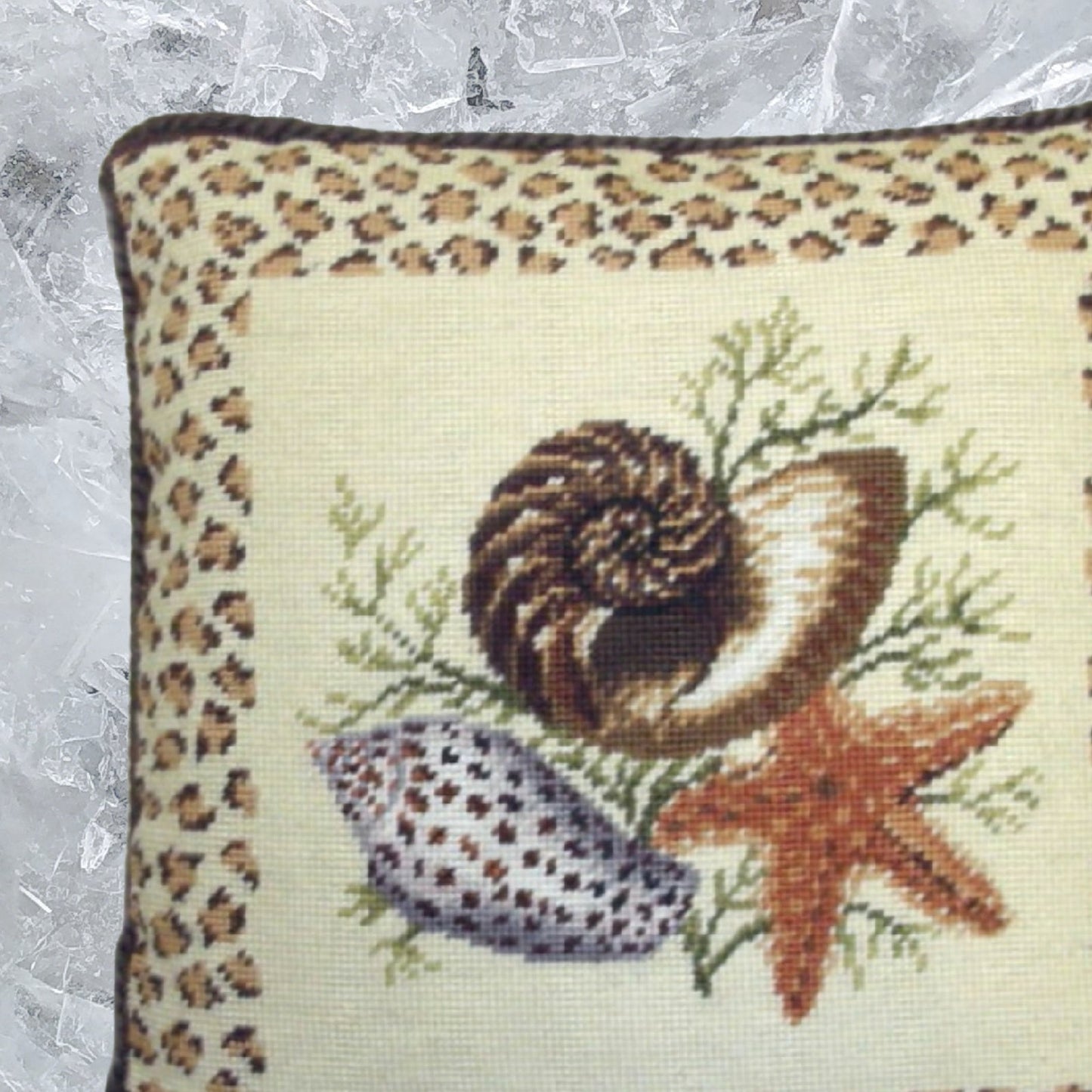Handmade Wool Needlepoint Pillow Cover - Decorative Throw Cushion Cover - Vintage Floral Embroidery Design dark sea shell and star fish with brown cording