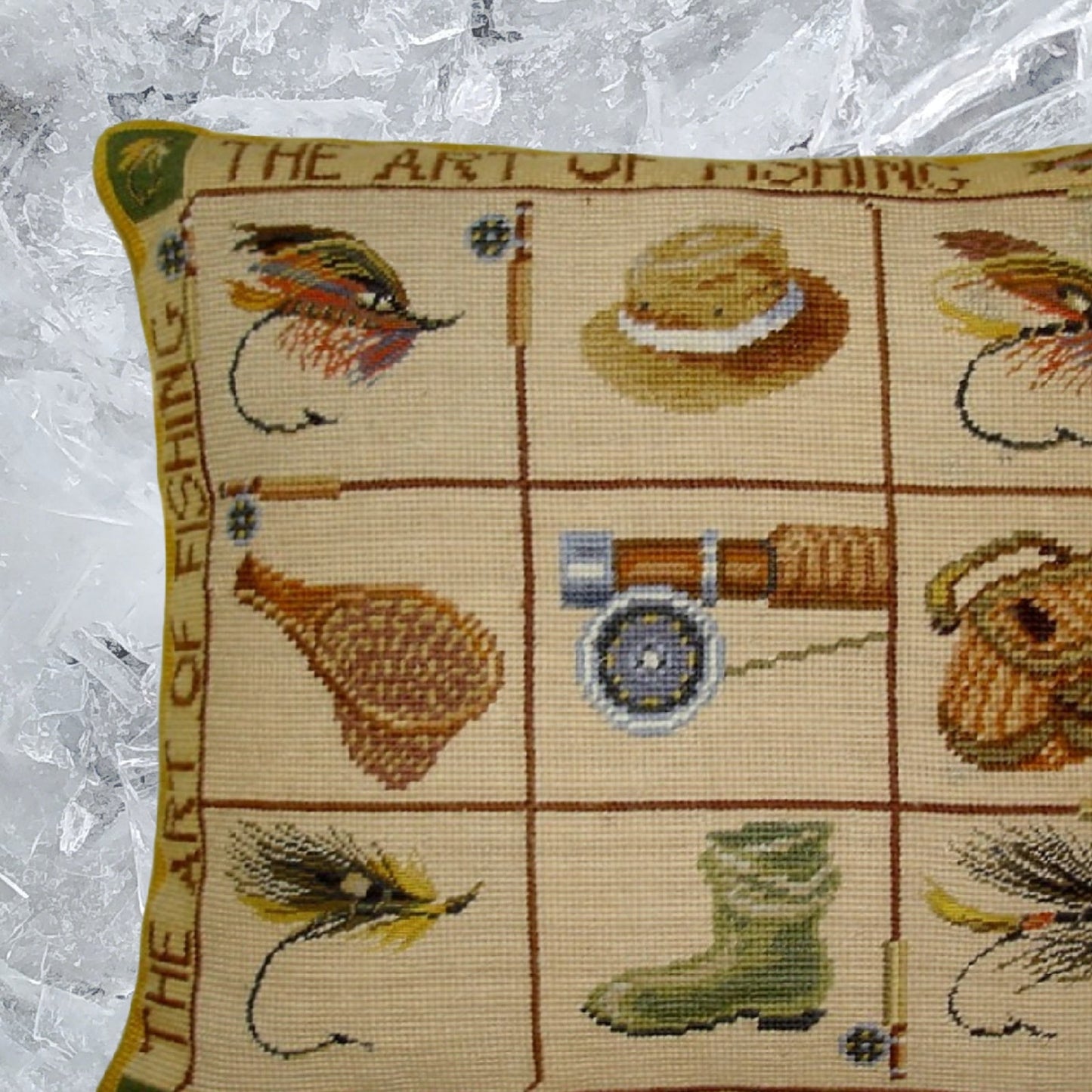 Handmade Wool Needlepoint Pillow Cover - Decorative Throw Cushion Cover - Vintage Floral Embroidery Design James Wienss designThe art of fishing, &