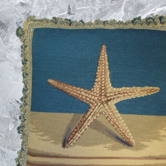 Handmade Wool Needlepoint Pillow Cover - Decorative Throw Cushion Cover - Vintage Floral Embroidery Design sea star with 2 color tassel