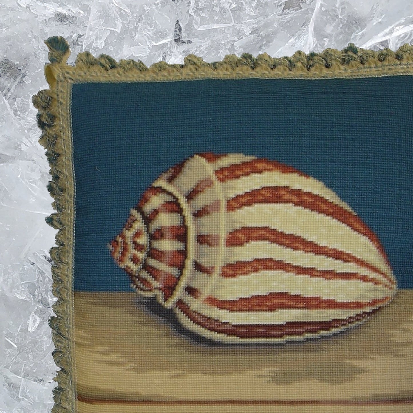 Handmade Wool Needlepoint Pillow Cover - Decorative Throw Cushion Cover - Vintage Floral Embroidery Design sea tigershell with 2 color tassel