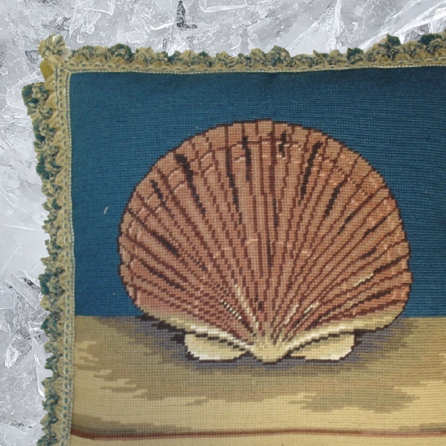 Handmade Wool Needlepoint Pillow Cover - Decorative Throw Cushion Cover - Vintage Floral Embroidery Design sea fanshell with 2 color tassel