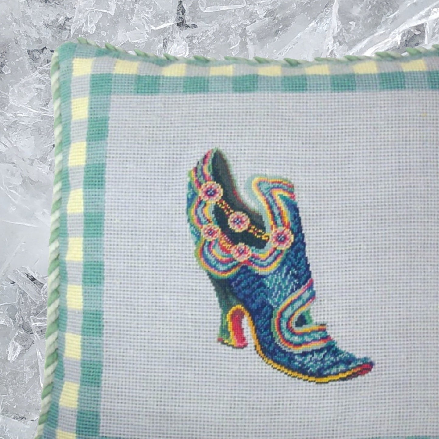 Handmade Wool Needlepoint Pillow Cover - Decorative Throw Cushion Cover - Vintage Floral Embroidery Design leather shoe with blue background 2 color cording