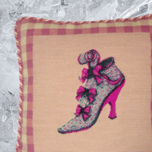 Handmade Wool Needlepoint Pillow Cover - Decorative Throw Cushion Cover - Vintage Floral Embroidery Design bow show pink background with 2 color cording