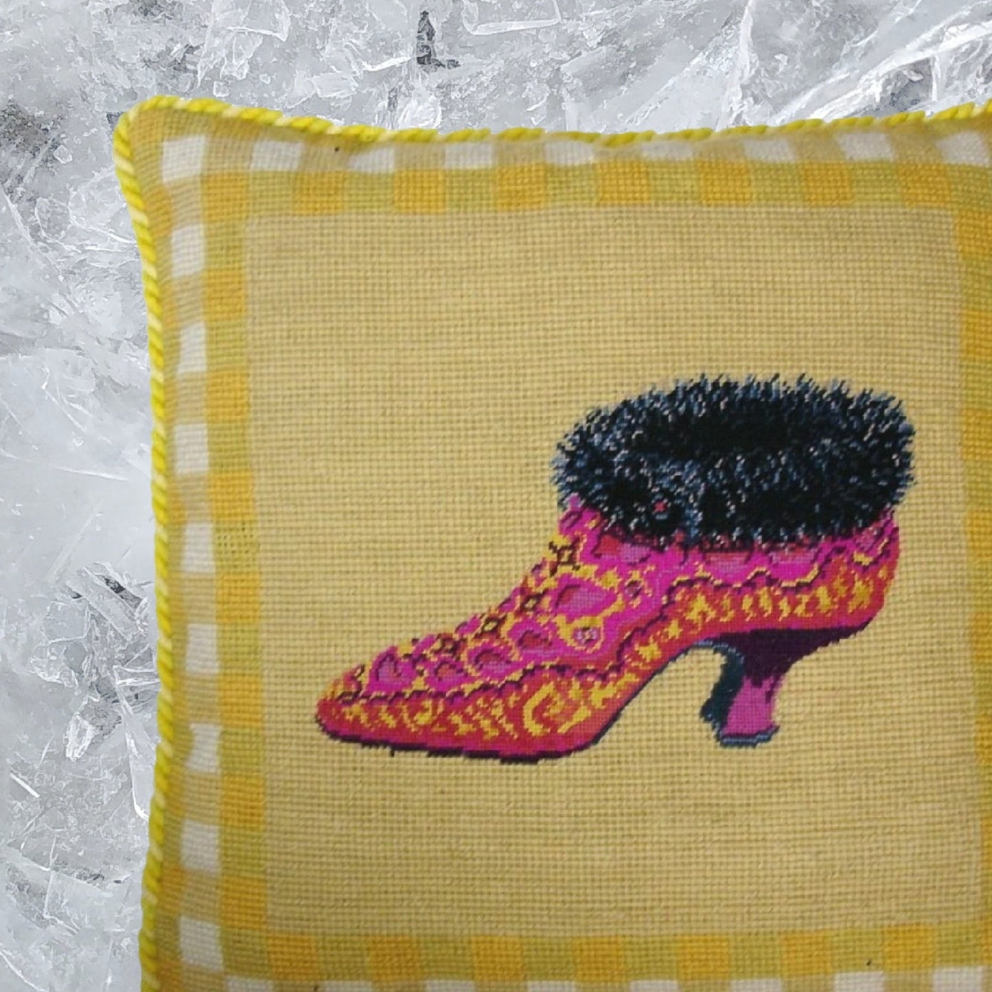 Handmade Wool Needlepoint Pillow Cover - Decorative Throw Cushion Cover - Vintage Floral Embroidery Design  fur shoe yellow background with 2 color cording