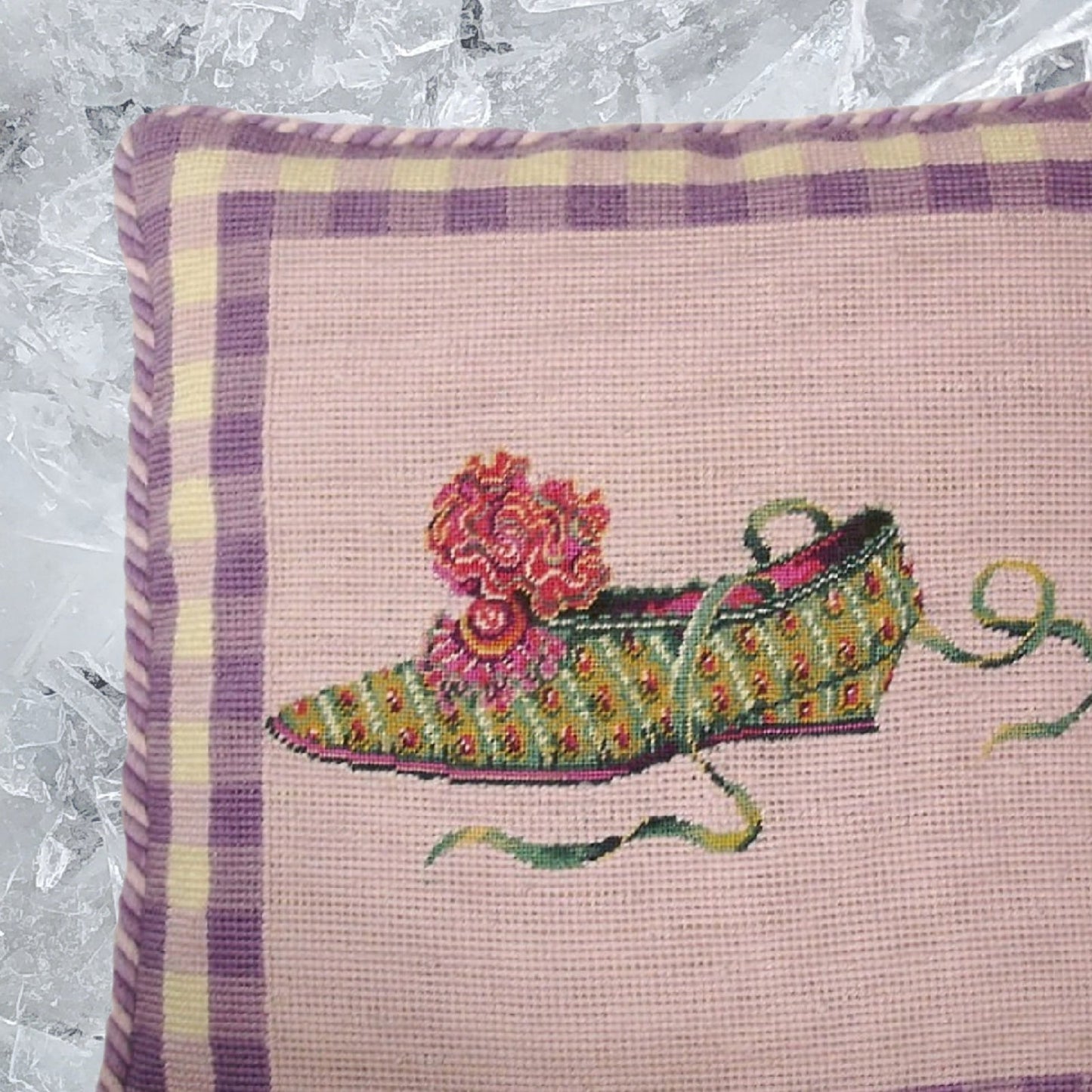Handmade Wool Needlepoint Pillow Cover - Decorative Throw Cushion Cover - Vintage Floral Embroidery Design flat show lavender background with 2 color cording