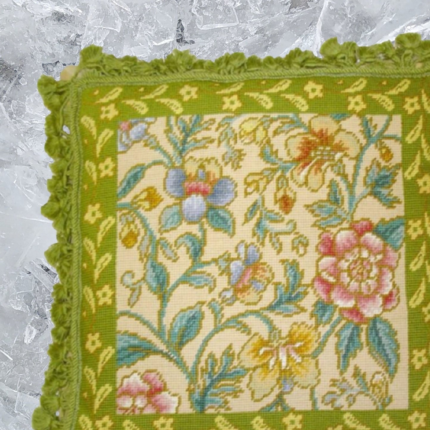 Handmade Wool Needlepoint Pillow Cover - Decorative Throw Cushion Cover - Vintage Floral Embroidery Design pink,yellow,blue plum floral center lime green frame & tassels