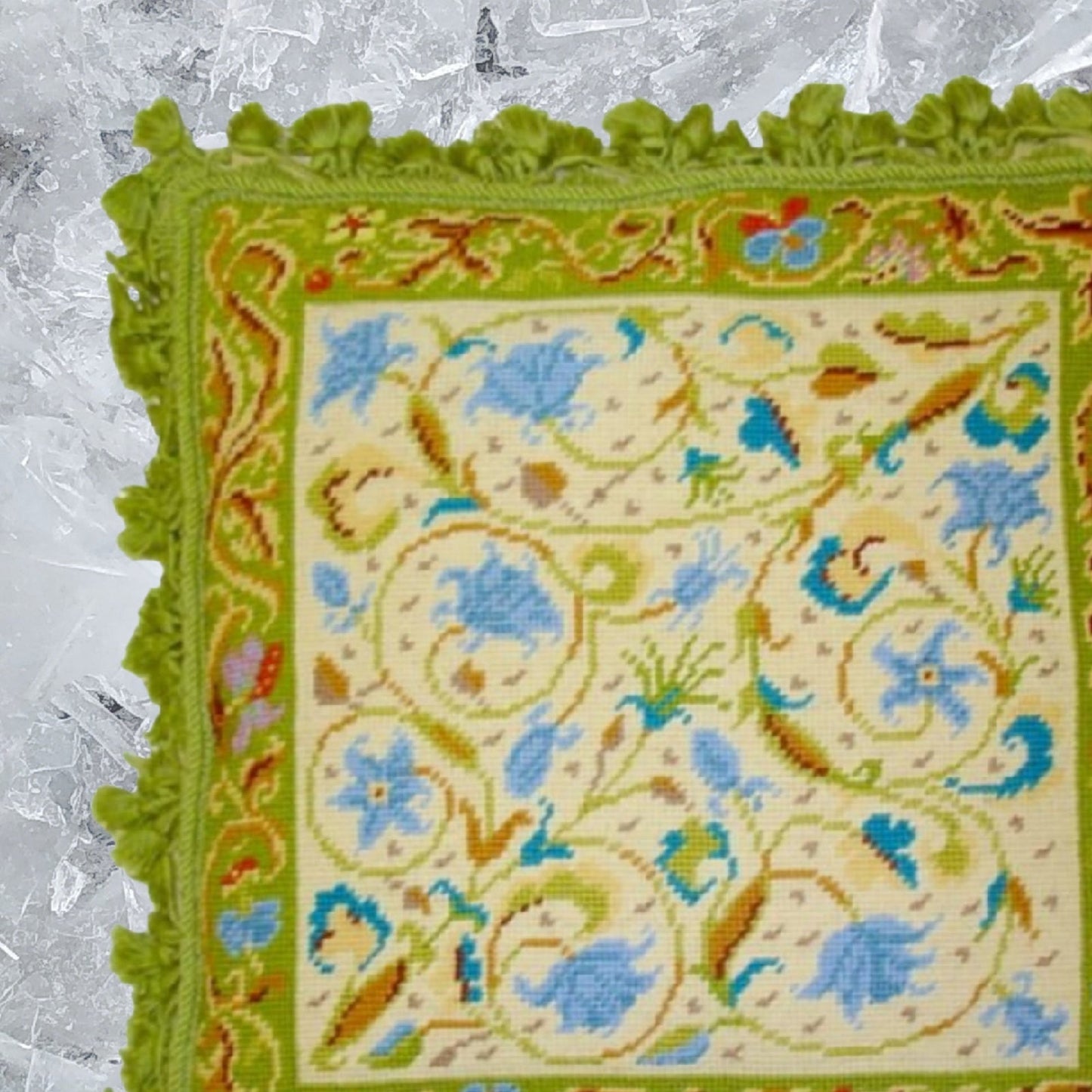 Handmade Wool Needlepoint Pillow Cover - Decorative Throw Cushion Cover - Vintage Floral Embroidery Design blue, green roses & Irish lime green frame & tassels