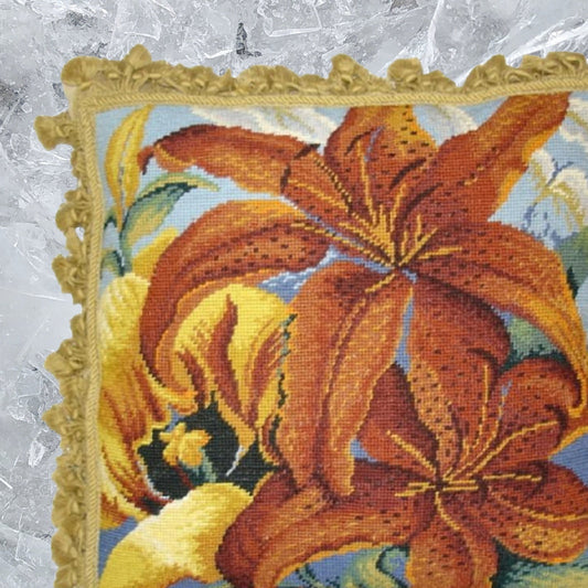 Handmade Wool Needlepoint Pillow Cover - Decorative Throw Cushion Cover - Vintage Floral Embroidery Design All tiger lilly with gold tassels